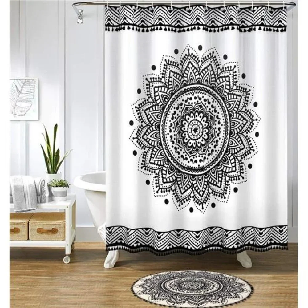 Small Round Rug 2’ Boho Beige and Black Bathroom Rug with Pom Poms Fringe